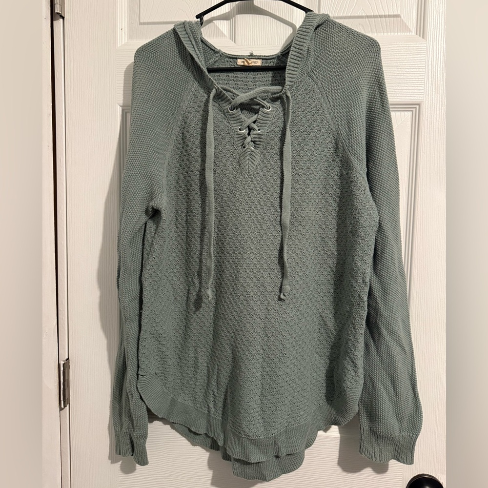 Women's Lace-Up V-Neck Hooded Sweater in Sage Green